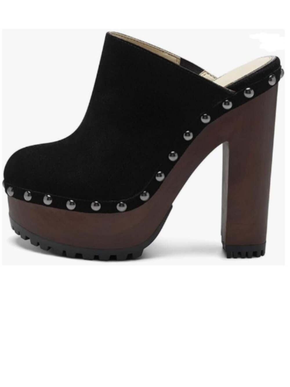 XYD Black Suede Platform Clog Mules with Brown Wood Heel
